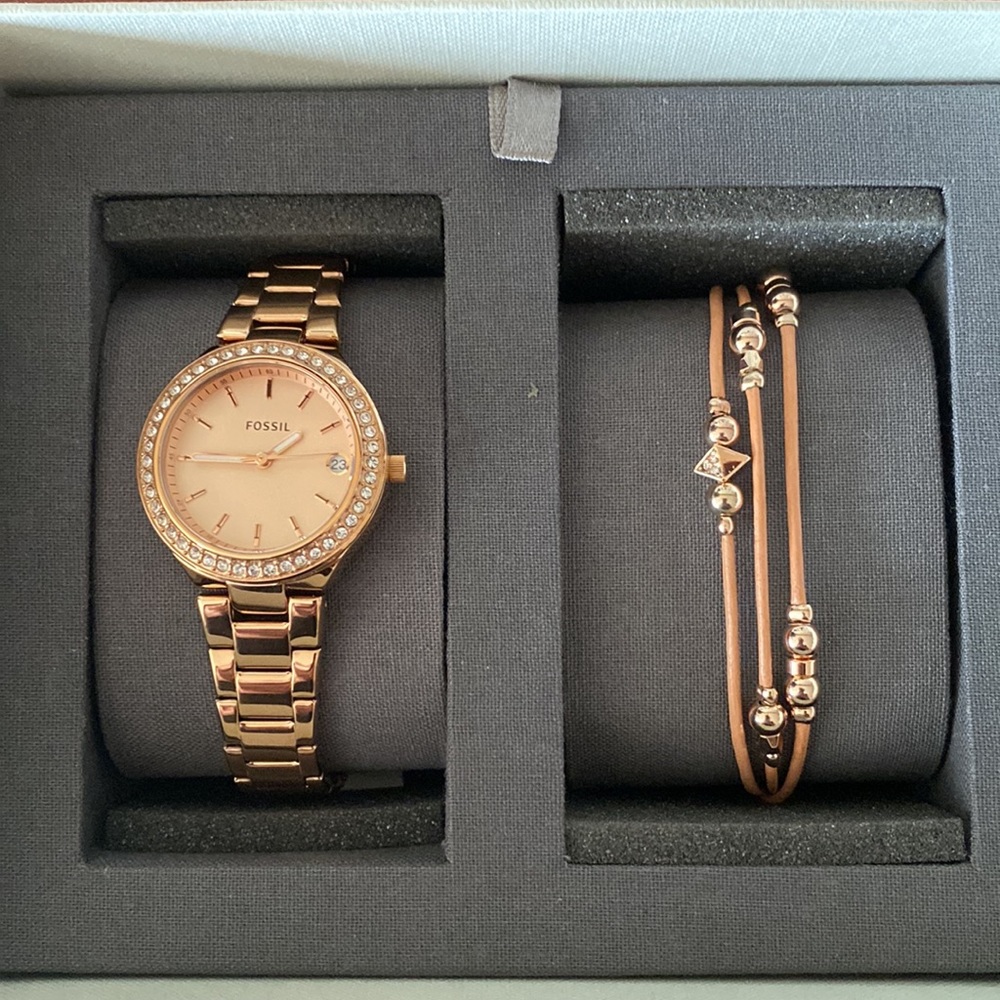 Fossil - Three-Hand Rose-Gold-Tone Stainless Steel Watch and Jewellery Gift Set